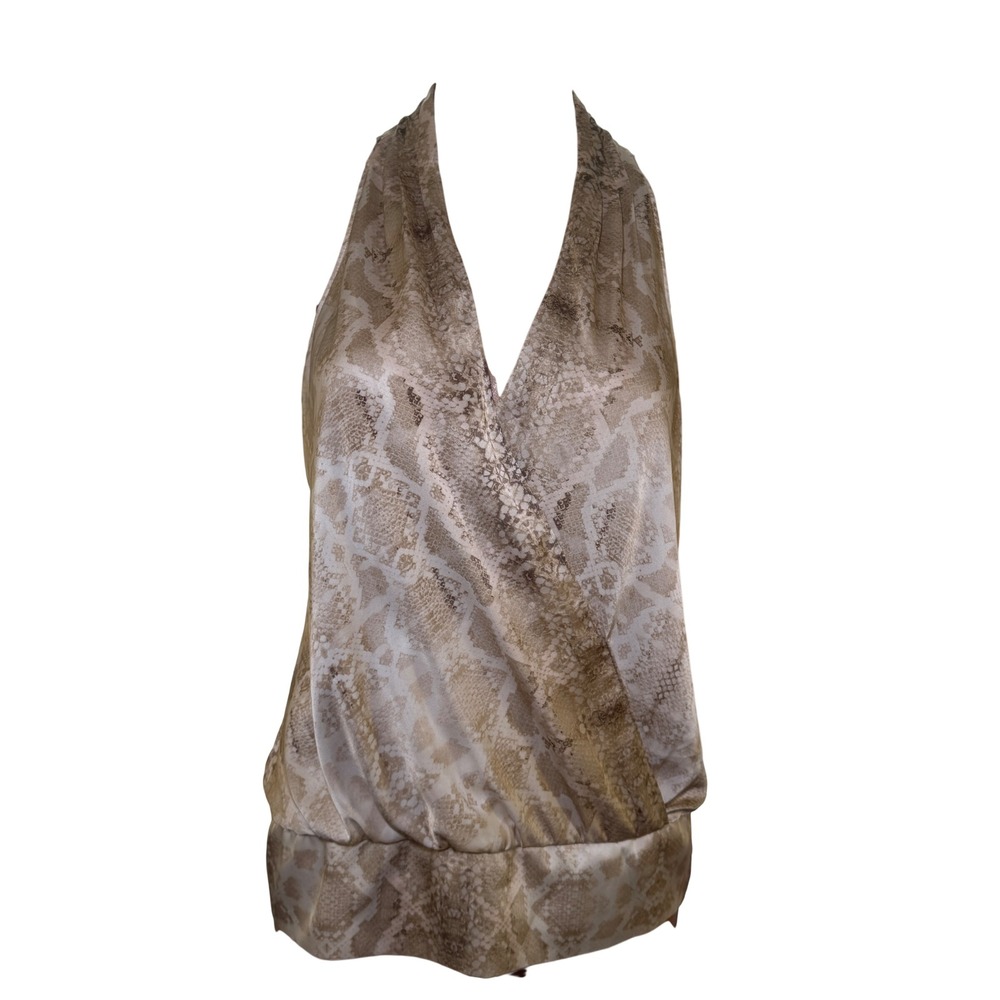 White House Black Market Snakeskin Halter Top Beige Surplice Smocked Blouse WHBM - Picture 3 of 10